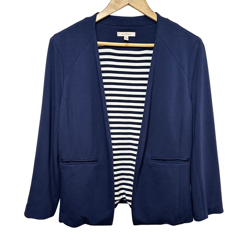 Skies Are Blue Knit Blazer Women Large Navy Striped Lining Open Front Career